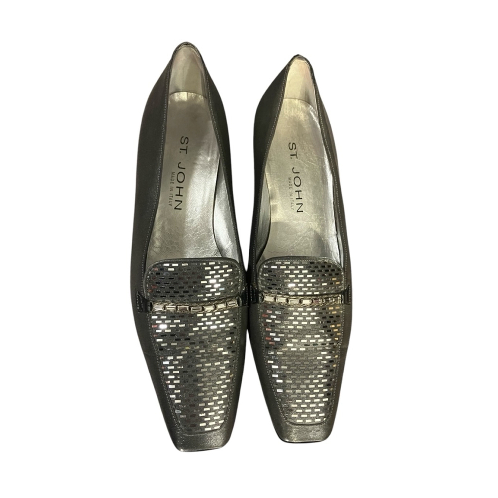 St. John Silver Metallic Square Toe Loafers Size 9M Block Heel Designer Shoes - Picture 2 of 11